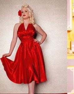 Pinup Couture Dixiefried Halter Swing Dress in Red Satin XS